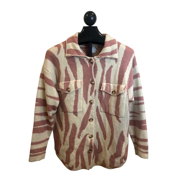 Lush Sweaters - Lush Redwood Oatmeal Zebra Print Knit‎ Button Down Shacket Cardigan LT17539-FCI